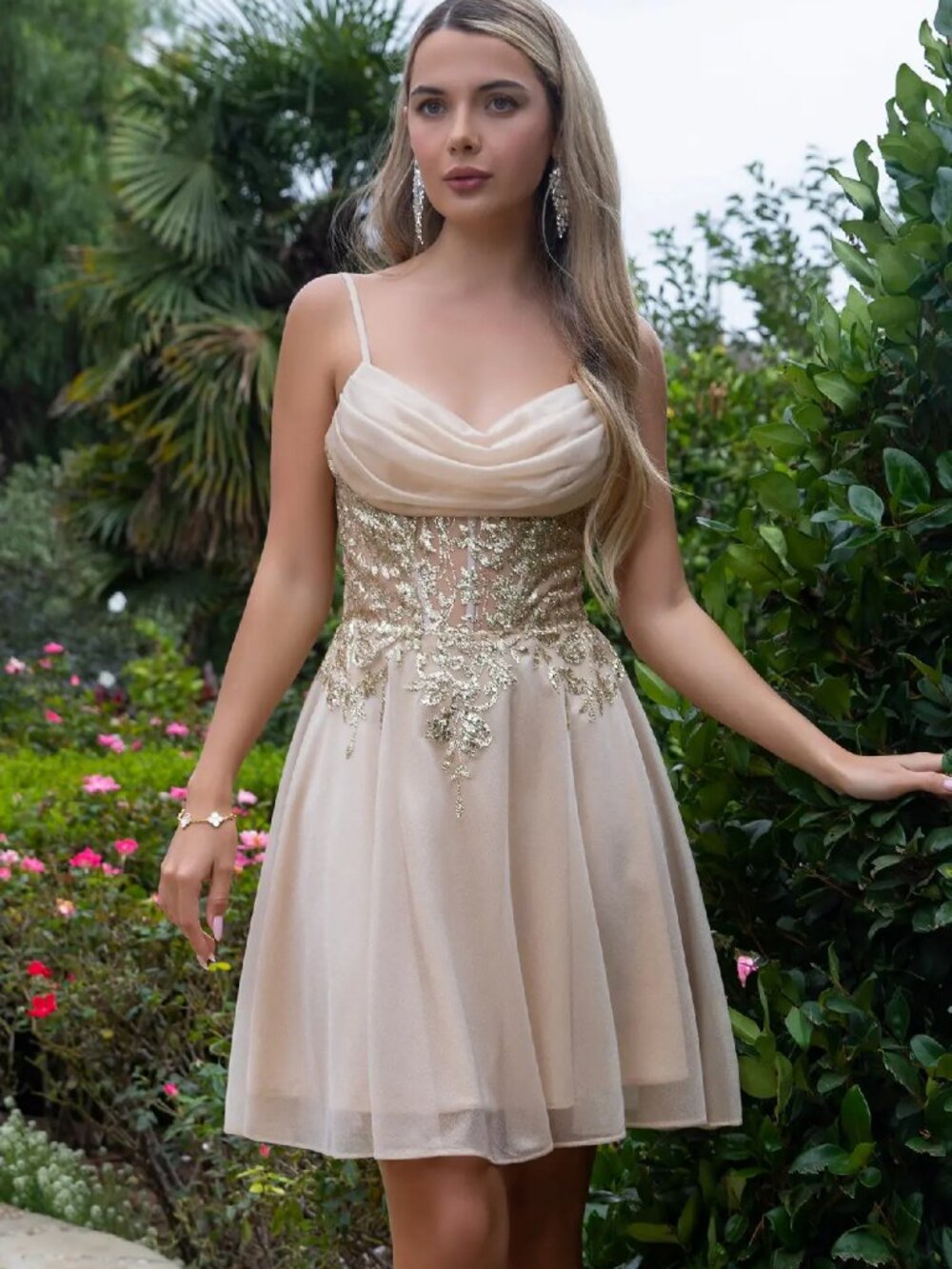 NEW CHAMPAGNE Glitter Spaghetti Strap Cocktail Dress Embellished GS3507